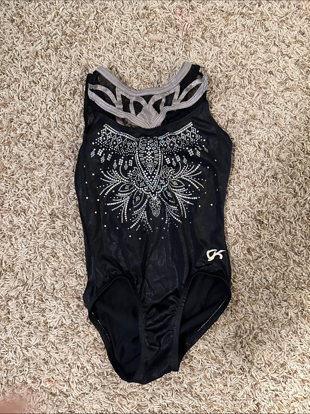 GK gymnastics leotard Black One-Piece Swim with Silver Rhinestone Accent